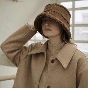 Vintage Faux Shearling Brown Bucket Hat Cozy Winter Sherpa Fuzzy Hat